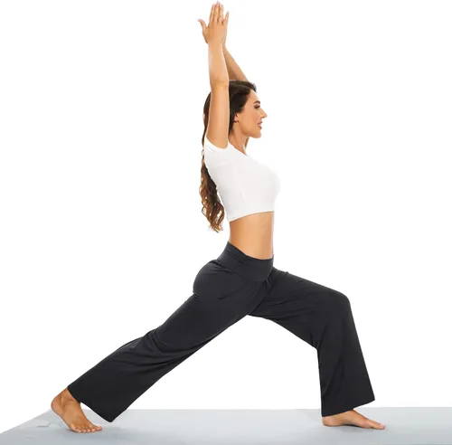 Vista 3 de SUNYAA Pantalones de yoga de pierna ancha para mujer, cintura alta, casuales, holgados, con bolsillos, cómodos pijamas palazzo