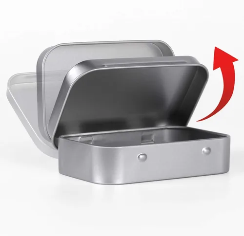 Vista 8 de Tamicy Latas rectangulares de metal con bisagras vacías – Paquete de 40 mini cajas portátiles plateadas, kit de almacenamiento pequeño y organizador