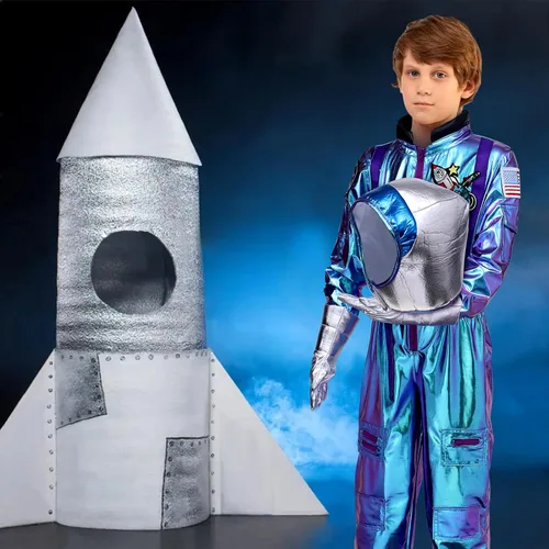 Vista 6 de Latocos Kids Astronaut Costume with Helmet Laser Space Suit for Halloween Boys Girls Pretend Role Play Dress Up Ages 5-14