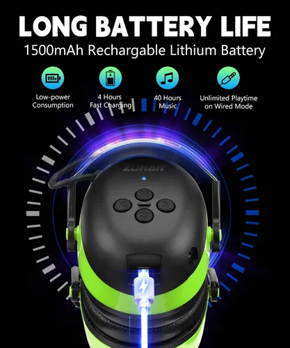 Vista 3 de ZOHAN 037 Auriculares de protección auditiva Bluetooth con batería recargable de 1500 mAh, NRR 25dB reducción de ruido orejeras con 40 horas