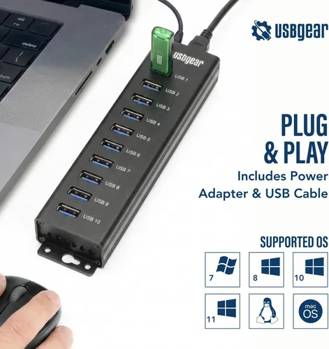 Vista 2 de USBGear Concentrador USB de 10 puertos 3.2 Gen 1 – Concentrador de datos supervelocidad montable con puertos USB para laptop, PC, escritorio y más