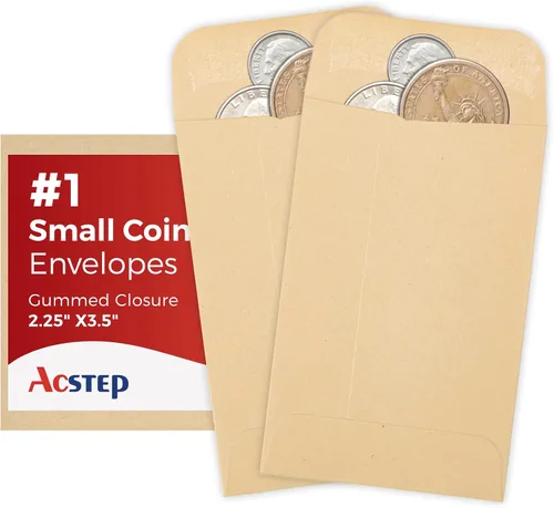 Vista 11 de ACSTEP Paquete de 500 sobres para monedas y piezas pequeñas #1 sobre de punta de 2-1/4 x 3-1/2 con solapa engomada para uso en el hogar, jardín u