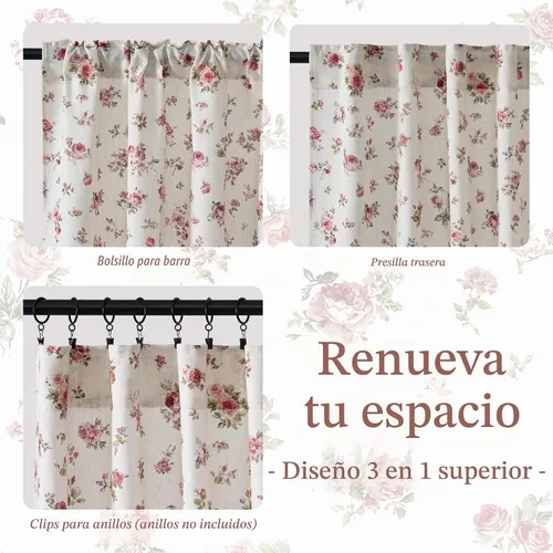 Vista 5 de StangH Cortinas de lino floral con patrón de rosas, cortinas de estilo vintage de granja con pestaña trasera para dormitorio y sala de estar, rosa