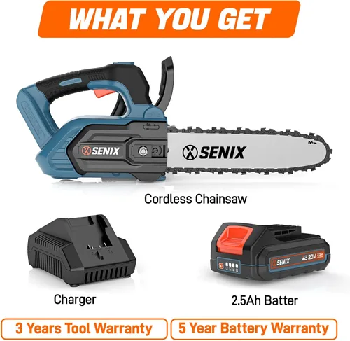 Vista 8 de SENIX Motosierra inalámbrica, motosierra de batería de 20 V y 10 pulgadas, motosierra sin escobillas, incluye batería de 2.5 Ah y cargador
