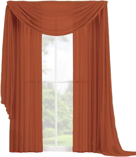 Vista 22 de Decotex Juego de 3 cortinas de gasa transparente para ventana, incluye 2 paneles y 1 bufanda a juego (120 pulgadas de largo, chocolate)