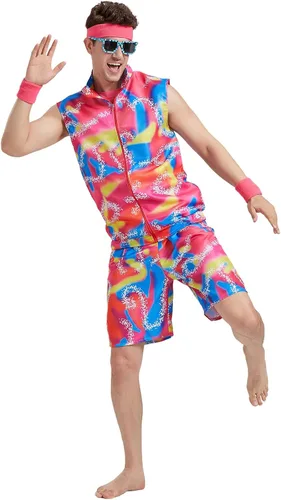 Vista 4 de Disfraz de entrenamiento Ken de los años 80 para hombres y mujeres, ropa de playa, traje de pareja, Halloween y cosplay