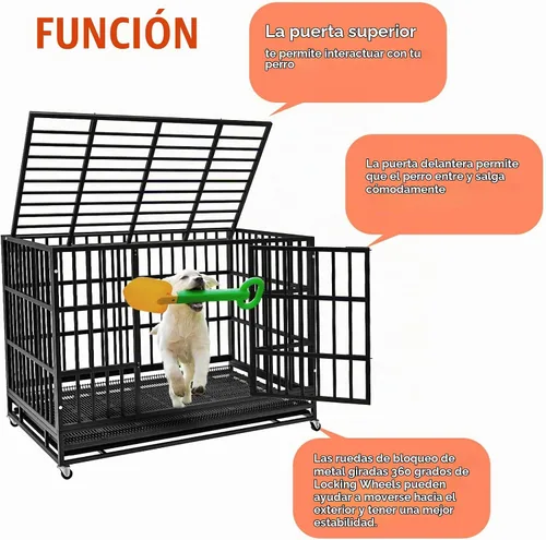 Vista 4 de LEMBERI - Jaula para perro indestructible y resistente de 48/38 pulgadas, a prueba de escapes con ruedas bloqueables, doble puerta para evitar