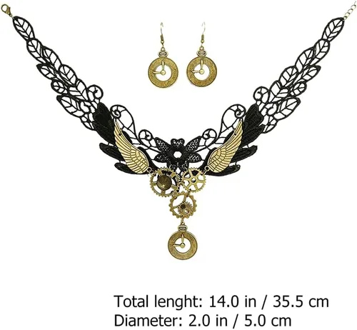 Vista 2 de Generic Gargantilla de encaje gótico, aretes vintage, collar steampunk, gargantilla de engranaje, accesorios de disfraz para mujeres y niñas, 3