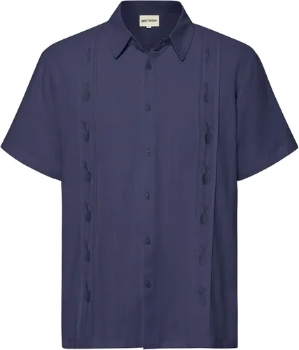 Vista 2 de Camisas de manga corta para hombre, estilo guayabera cubano, bordadas, de lino y piña, para la playa, para verano, casuales, con botones, 0-azul