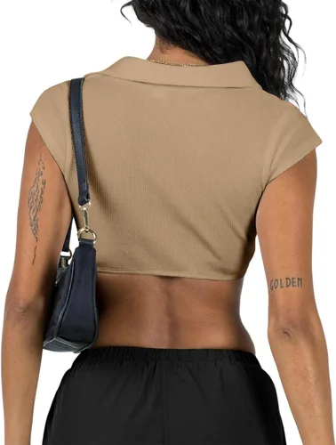 Vista 5 de Bowiln Women's Y2k Lapel Deep V Neck Tops Ribbed Knit Shorts Sleeve Navel-Less Fit Short Crop Tops For Party Club Streetwear