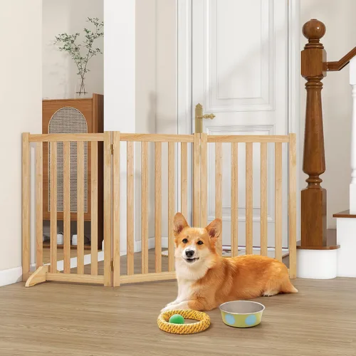Vista 2 de Puerta independiente para mascotas de 30 pulgadas de altura, valla de seguridad plegable de madera maciza con 2 pies de soporte, ideal para Roble
