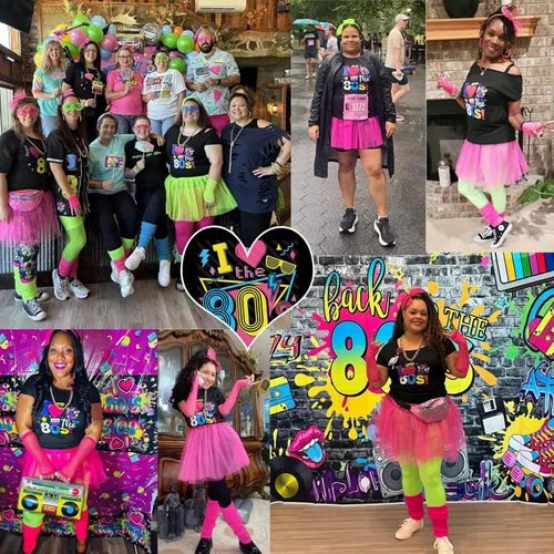 Vista 3 de Conjunto de accesorios de disfraz de los años 80 para mujer, camiseta, pantalones cortos, falda tutú, calentadores de piernas para fiesta Neno