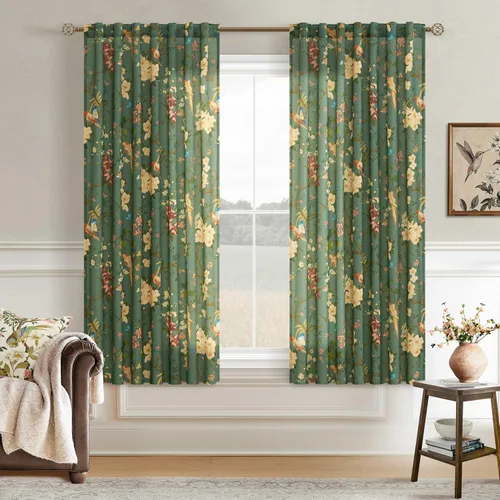 Vista 44 de Cortinas de lino de pájaro floral azul 2 paneles de 72 pulgadas de largo Aqua Blue