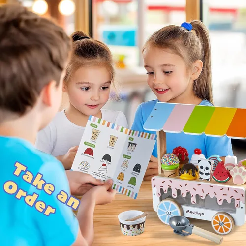 Vista 6 de Carrito de Helados de Madera Juguete Playset con Juguetes de Helado Juego de Comida de Simulación Camión de Comida Accesorios de Cocina de Juego