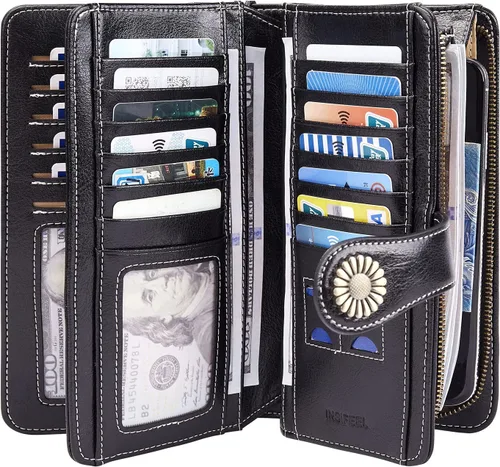 Vista 2 de INSIFEEL Carteras para mujer de gran capacidad con protección RFID monedero de cuero genuino Negro Retro