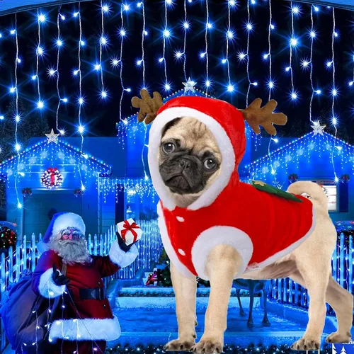 Vista 6 de Disfraces de Navidad para perros, abrigo de suéter para mascotas para clima frío, disfraz de reno de Papá Noel, sudadera con capucha de invierno