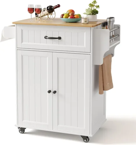 Vista 11 de Gizoon Carrito de isla de cocina de 33" W con estante ajustable, negro Color negro y mesa de roble