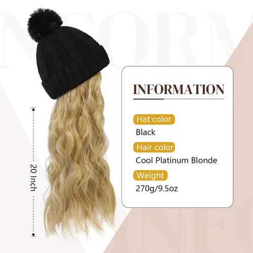 Vista 3 de Flufymooz Gorro con peluca, extensión de pelo con gorro de piel sintética con pompón largo ondulado rizado, peluca con gorro adjunto de 20 pulgadas
