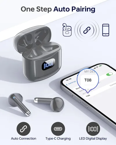 Vista 2 de Auriculares inalámbricos Bluetooth 5.3, auriculares Bluetooth con estuche de carga de pantalla LED, 40 horas de reproducción de sonido estéreo