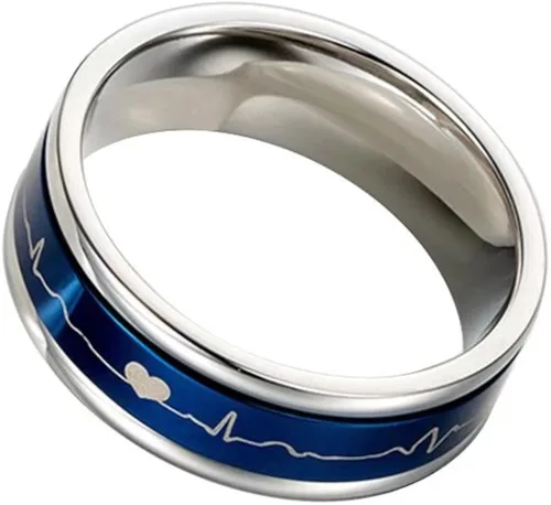 Vista 4 de Romántico juego pareja anillos titanio acero boda bandas negro azul cómodo ajuste giratorio ECG Heartbeat su y su promesa regalos especiales