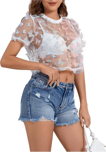 Vista 4 de SweatyRocks Blusa corta de malla transparente para mujer, diseño floral y de manga corta