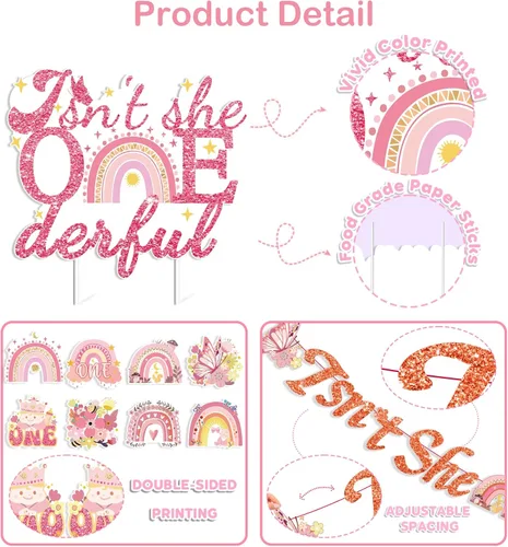 Vista 3 de 35 decoraciones de cumpleaños con texto en inglés "Isn't She Onederful", decoraciones de primer cumpleaños para niñas, fácil instalación, incluye
