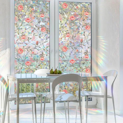 Vista 3 de Película de Privacidad de Ventana de Rosetón Retro, Calcomanías de Vidrio Emplomado Rosa Roja Calcomanías de Privacidad Arcoíris Sala de Estar