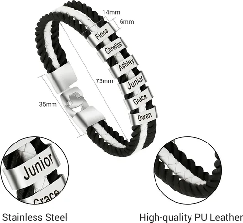 Vista 3 de Pulseras de cuero personalizadas para hombre con 1-6 nombres, pulsera trenzada personalizada con cuentas para papá, marido, día del padre, San