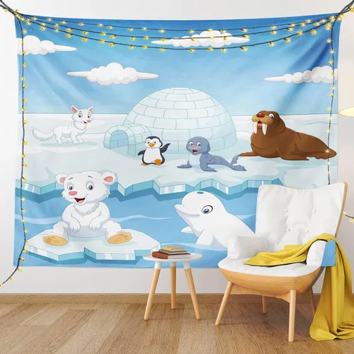 Vista 9 de Ambesonne Tapiz de animales tamaño King, imagen de animales árticos, osos polares, foca, pingüinos, lobos, ballenas, obra de arte, colcha