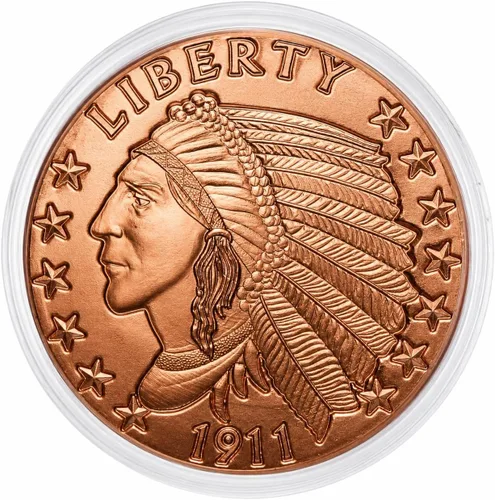 Vista 12 de Réplica de Águila de Oro India de 1907, $10, 1 onza de cobre puro .999, redonda, coleccionable, moneda de 39 mm en cápsula - COA de Heavenly Metals