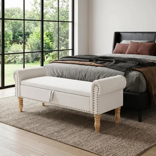Vista 17 de Banco tapizado de pana de 55 pulgadas con brazos enrollados para dormitorio, color blanco