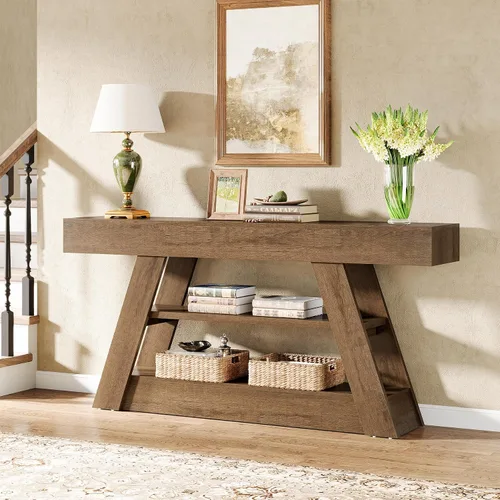 Vista 5 de Tribesigns Mesa consola de madera de 63 pulgadas con estantes de almacenamiento, mesa de sofá de entrada larga rústica detrás del sofá para sala