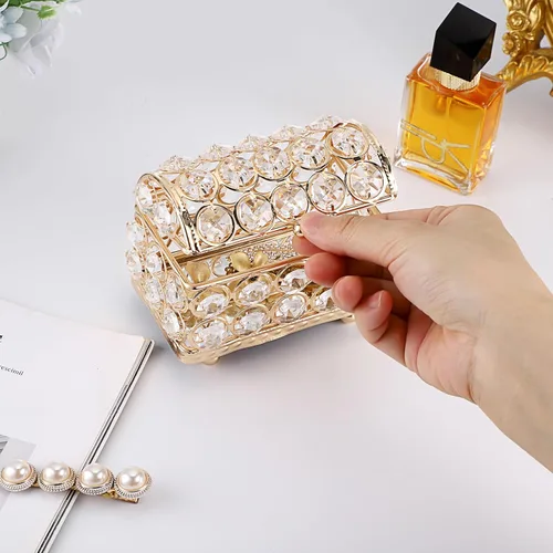 Vista 5 de ELLDOO Joyero de cristal, caja organizadora de aretes, anillos, decoración del hogar, caja decorativa con tapa, regalo dorado para San Valentín