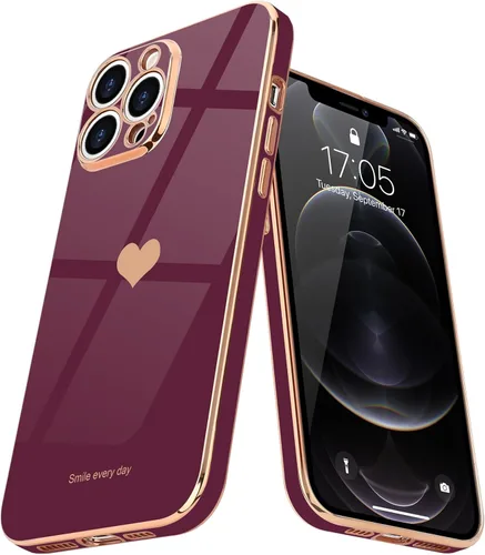 Vista 8 de Teageo Funda para iPhone 12 Pro para mujeres y niñas, diseño de corazón de amor, cubierta trasera suave, protección completa de la cámara, Negro