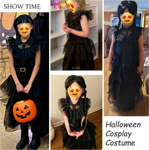 Vista 6 de GZ-LAOPAITOU Disfraz negro para niñas, disfraz de Halloween, cosplay, fiesta familiar, disfraz con peluca, medias y cinturón, 4-12 años