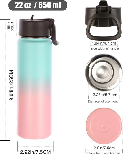 Vista 2 de Volhoply Botellas de agua aisladas de 22 onzas con tapa con pajilla, botella deportiva de acero inoxidable con asa, tazas de agua de viaje de metal