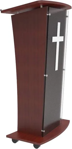 Vista 7 de FixtureDisplays® Podio Chruch de madera con panel frontal de acrílico escarchado, atril de púlpito de 46.5 pulgadas de alto con decoración de cruz
