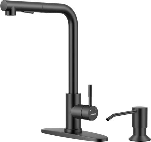 Vista 15 de WEWE Grifo de cocina de acero inoxidable de 14.5 pulgadas de alto con rociador extraíble, grifo de fregadero giratorio de 360° de níquel cepillado