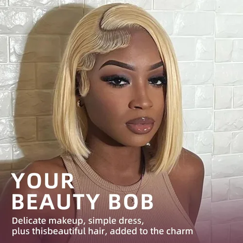 Vista 6 de Peluca de cabello humano rubio estilo Bob de 13 x 4 con encaje frontal, peluca Bob de 10 pulgadas 613 Lace Front Wig Human Hair Pre Plucked With