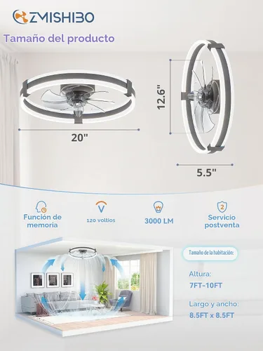 Vista 4 de ZMISHIBO Ventiladores de techo RGB de bajo perfil de 20" con luces y Gris RGB