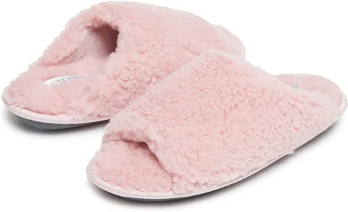 Vista 2 de Laura Ashley Pantuflas Sherpa con puntera abierta y espuma viscoelástica, suaves pantuflas de casa para mujer