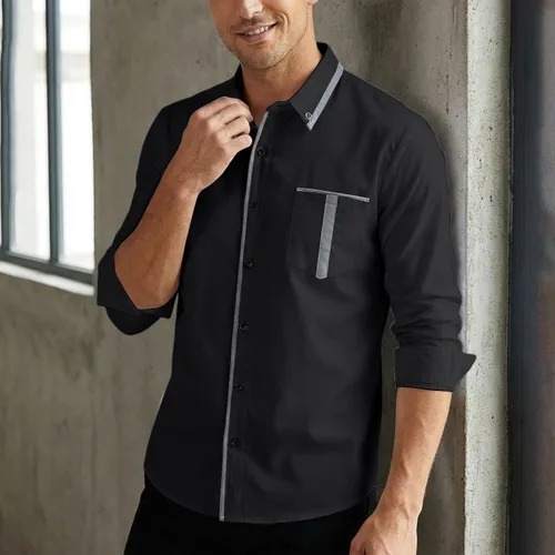 Vista 2 de Camisas de manga larga de algodón vintage para hombre, estilo casual, con botones, cuello en contraste