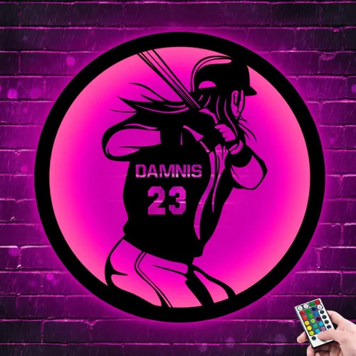 Vista 3 de Letrero de metal personalizado para jugador de sóftbol con luz LED, nombre y número personalizado, arte de pared de sóftbol, letrero de neón