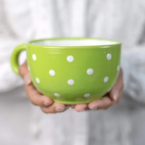Vista 14 de City to Cottage Taza de cerámica hecha a mano con diseño de lunares blancos y negros, extra grande de 17.5 onzas, capuchino de cerámica, café, té