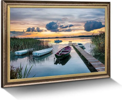 Vista 11 de Arte de Pared en Lienzo de Paisaje de Lago: Pintura Moderna Relajante del Horizonte al Atardecer, Impresión Simple y Natural de Barco y Juncos