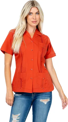Vista 9 de Women's Traditional Guayabera Shirt Cotton Blend 4 Pocket Design Short Sleeve