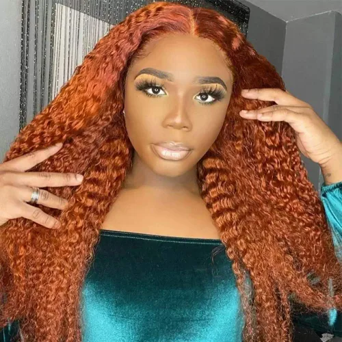 Vista 2 de Peluca de cabello humano virgen brasileño ondulado transparente con encaje frontal color naranja jengibre prearrancado (12 pulgadas, rizado)