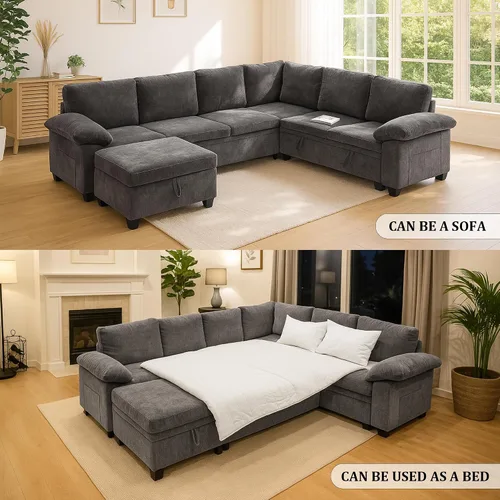 Vista 6 de Sofá modular modular de 108 pulgadas con cama extraíble, sofá cama en forma Gris