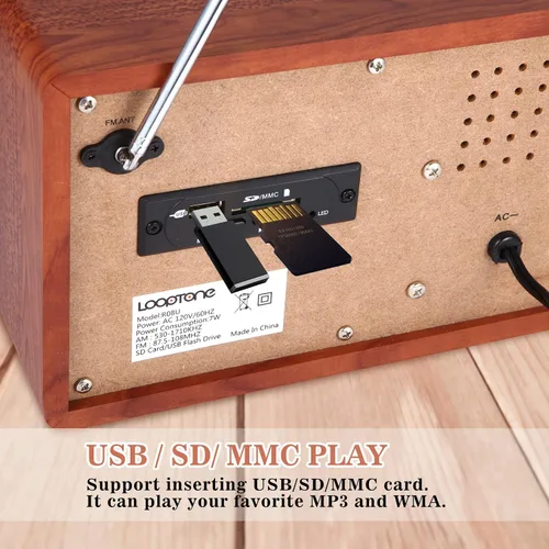 Vista 6 de Radio vintage AM FM multifunción USB SD con altavoz Bluetooth, radio de mesa de madera retro para cocina, sala de estar con perilla giratoria