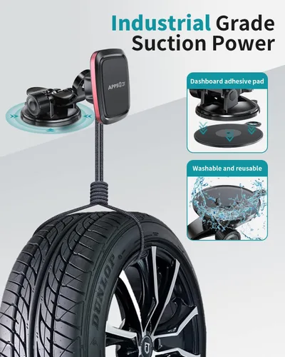 Vista 2 de APPS2Car Soporte magnético para teléfono de automóvil con brazo ajustable y 6 imanes fuertes, soporte universal para salpicadero, parabrisas